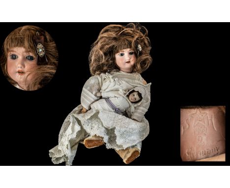 Antique Period German Schoenau and Hoffmeister 1909 Superb Bisque Headed Doll, Blue Eyes Open and Shut, Original Underclothes