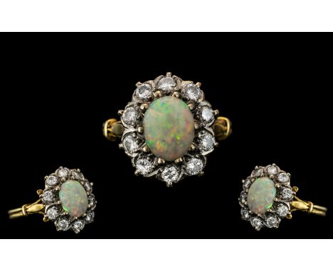 Antique Period - Attractive 18ct Gold Diamond and Opal Set Cluster Ring, Excellent Setting. The Central Oval Shaped Opal of W