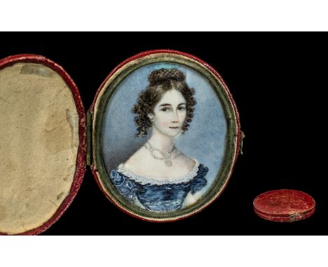 Georgian Period - Excellent Portrait Miniature on Ivory Bone, Of An Attractive Young Lady, Wearing a Low Cut Dress and Neckla