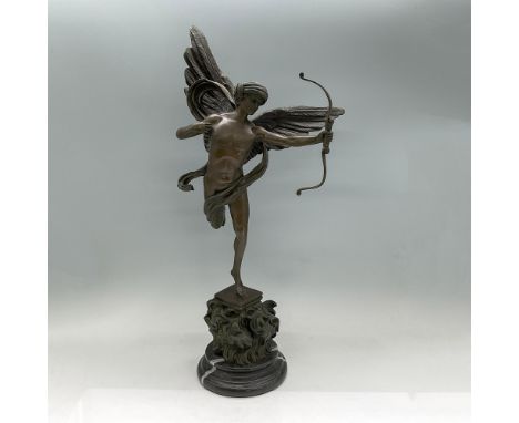 Bronze sculpture of an angelic man with wings standing on one leg holding a bow in his left hand. On a black and white marble