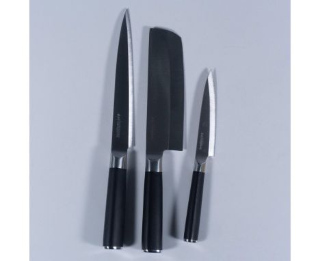 Handcrafted Japanese Ibaraki steel blades. 7-inch Nakiri vegetable knife, 8.5-inch slicing knife, and 5-inch utility knife. H
