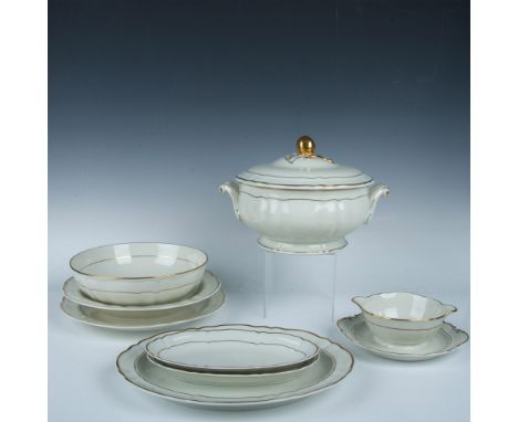 Lovely, creamy white porcelain with gilt accents on rim and handles. Set includes - oval platter (13"Lx); round platter (12" 