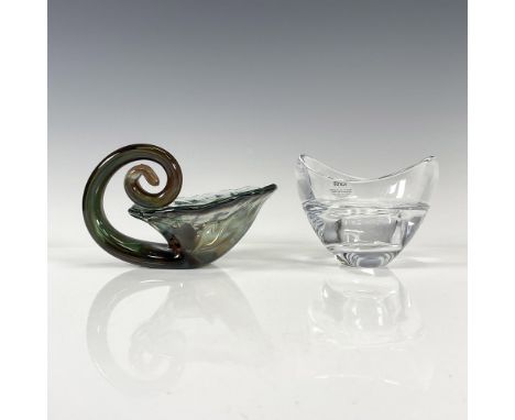 Clear slanted glass votive 3.5"H - Nambe backstamp. Swirl tailed handblown multicolored art glass dish 3.5"H - unmarked. Dime