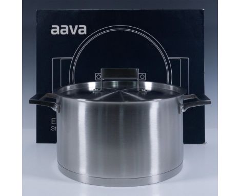 Contemporary designed doubled handled pot with matching lid. Aava impressed mark. This item has its original box: 16"L x 13"W
