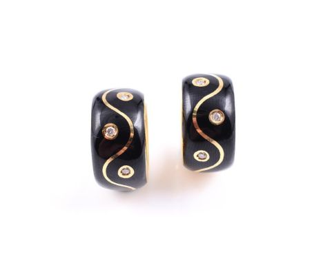A PAIR OF ITALIAN DIAMOND AND BLACK ENAMEL EAR HOOPS The polished broad hoops with undulating black enamel decoration, with b