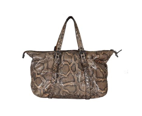 BOTTEGA VENETA  A PYTHON HANDBAG  Twin handles, blackened hardware, opening to a light brown suede interior, with zipper pock
