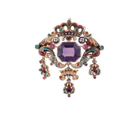 A GEM SET ENAMEL BROOCH  The pierced poly chrome enamel brooch with a central octagonal cut amethyst, with an emerald accente