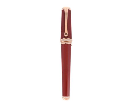 MONTEGRAPPA, PICCOLA DIAMANTI  A LIMITED EDITION GOLD COLOURED, DIAMOND AND RED RESIN FOUNTAIN PEN, NO. 67/77Cap and Barrel: 