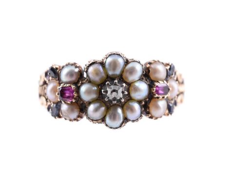 AN 1830S DIAMOND, SAPPHIRE, RUBY AND PEARL TRIPLE CLUSTER RING The central old mine cut diamond within a surround of half pea