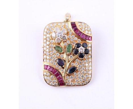 A MULTI GEM FLORAL SPRAY BROOCH/PENDANT The rectangular panel pavé set with brilliant cut diamonds, with a diamond, sapphire 