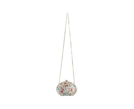 JUDITH LEIBER  A MULTICOLOURED FLORAL MINAUDIERE Covered with Swarovski crystals, with a press lock to the top, gold tone har