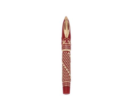 VISCONTI, THE GOLDEN MAN VERMEIL  A LIMITED EDITION RED RESIN AND SILVER GILT COLOURED FOUNTAIN PEN, NO. 064/388Cap and Barre
