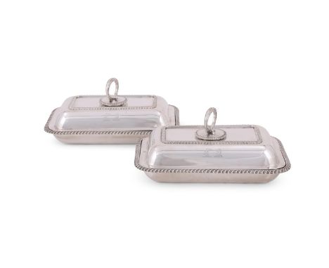 A PAIR OF LATE VICTORIAN SILVER ENTREE DISHES AND COVERS WITH MATCHED HANDLES HAWKSWORTH, EYRE & CO. LTD., LONDON 1898, ONE H