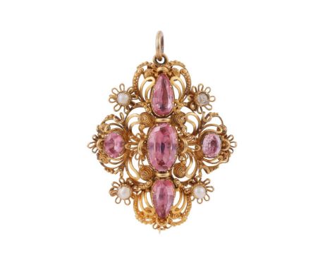 AN 1830S PINK TOPAZ, HALF PEARL AND GOLD CANNETILLE BROOCH/PENDANT The lozenge shaped cannetille brooch with oval and pear cu