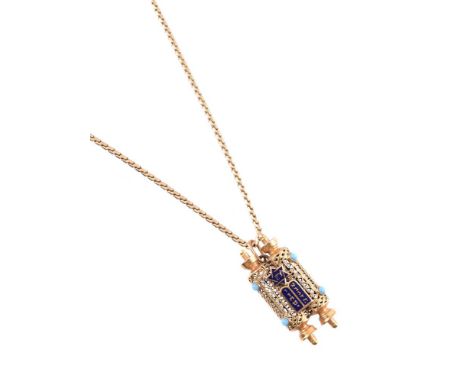 A TORAH SCROLL PENDANT ON CHAIN The gold coloured torah scroll pendant with blue enamelled decoration and blue paste detail, 