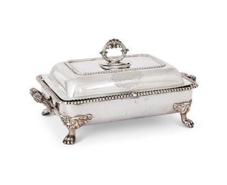 A GEORGE III SILVER ENTREE DISH AND COVER PAUL STORR, LONDON 1818 With a reeded loop handle issuing from foliage, gadrooned b