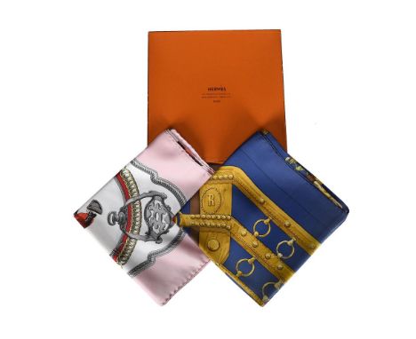 HERMÈS, REPRISE A SILK SCARF, DESIGNED BY PHILIPPE LEDOUX, CIRCA 1970 With equestrian pattern to a white ground and a pink bo