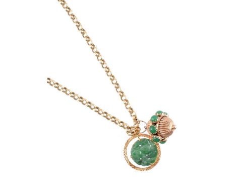 A GOLD COLOURED CHAIN WITH TWO PENDANTS The belcher link chain stamped 750, with ring bolt fitting, suspending a Jadeite jade