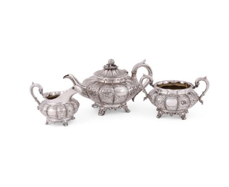 Y&nbspA VICTORIAN MATCHED SILVER THREE PIECE LOBED CIRCULAR TEA SET THE TEA POT BY JOSEPH ANGELL I & JOSEPH ANGELL II, LONDON