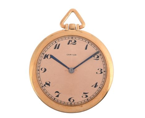CARTIER  A GOLD KEYLESS WIND OPEN FACE SLIM LINE POCKET WATCH, NO. 21859 8663, CIRCA 1920Movement: European Watch and Clock C