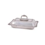 A SILVER RECTANGULAR ENTREE DISH, COVER AND HANDLE