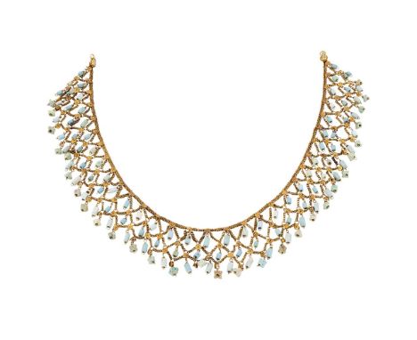 AN ANTIQUE STYLE PERSIAN BEADED FRINGE NECKLACE  The chevron linked chain fringe necklace with shaped and tubular beads, with