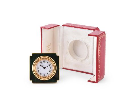 CARTIER, REF. 7512   A BRASS AND GREEN LACQUER DESK ALARM CLOCK, NO. 14276Movement: Manual wind alarm Case: Brass and green l