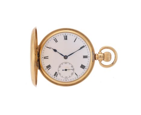 UNSIGNED  AN 18 CARAT GOLD KEYLESS WIND FULL HUNTER POCKET WATCH, NO. 229011, CIRCA 1921Movement: Bimetallic split balance, o
