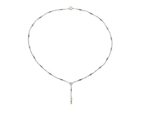 AN EARLY 20TH CENTURY ENAMELLED GOLD AND SEED PEARL FOB CHAIN  CIRCA 1900 The chain with tapering pale blue guilloche enamel 