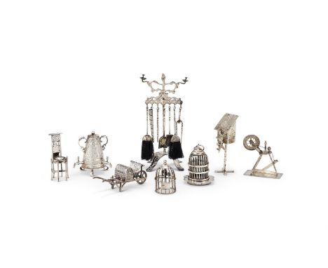 A COLLECTION OF SILVER MINIATURE ITEMS To include: a German bird box, post 1886 .800 standard, with a hinged cover, embossed 