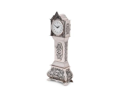 A DUTCH SILVER COLOURED MINIATURE LONGCASE CLOCK .833 STANDARD, CIRCA 1979 The white dial signed Pontifa, Swiss made, manual 