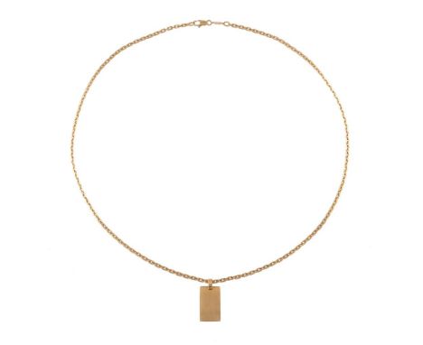 A GOLD COLOURED PENDANT ON CHAIN The polished and slightly domed rectangular panel pendant stamped 750 with Italian control m