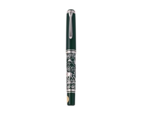 PELIKAN, HUNTING  A GREEN RESIN AND SILVER COLOURED FOUNTAIN PEN, NO. 0904/3000, CIRCA 1994  Cap and Barrel: With green resin