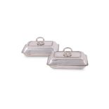A PAIR OF SILVER ENTREE DISHES, COVERS AND HANDLES