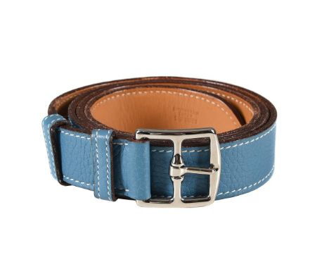 HERMÈS A BLUE LEATHER BELT WITH ETRIVERE BELT BUCKLE, CIRCA 2005 The blue belt stamped HERMÈS PARIS MADE IN FRANCE, date lett