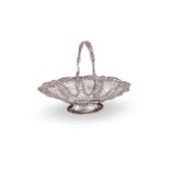 A VICTORIAN SILVER SHAPED OVAL SWING HANDLED PEDESTAL BASKET