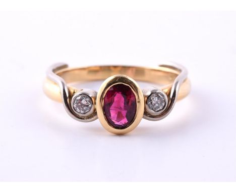 A THREE STONE RUBY AND DIAMOND RING The central oval cut ruby within a collet setting between two brilliant cut diamonds 0.14