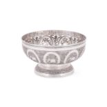 AN INDIAN SILVER COLOURED PEDESTAL BOWL