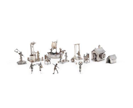 A COLLECTION OF SILVER MINIATURE FIGURES To include: a German model of a mill, Hanau pseudo marks, possibly by Gebruder Glase