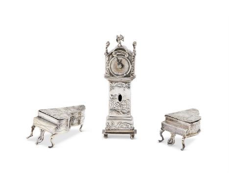 THREE SILVER MINIATURE ITEMS To include: a piano, sponsor's mark for Bryer & Sons, import mark for London 1900, with beaded b