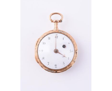 LAMBERTON, PARIS  A GOLD AND ENAMEL OPEN FACE FOB WATCH, 18TH CENTURYMovement: Verge fusee, under sprung three armed flat bal