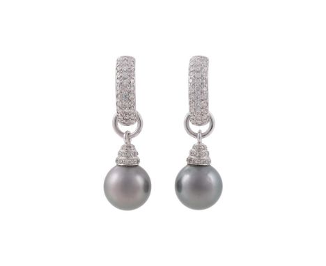 A PAIR OF TAHITIAN CULTURED PEARL AND DIAMOND EARRINGS The Tahitian cultured pearls with diamond caps suspended from removabl