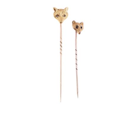 TWO LATE VICTORIAN FOX MASK STICK PINS The first with a textured face, with rose cut diamond set eyes, stamped 15; the second