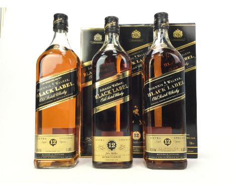 JOHNNIE WALKER BLACK LABEL AGED 12 YEARS - ONE LITRE (3) Blended Scotch Whisky One litre, 43% volume, in carton. Three bottle