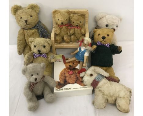 A collection of vintage teddies and other items. Consisting of 2 x 6" golden plush jointed teddies sitting on a chair, 5 smal