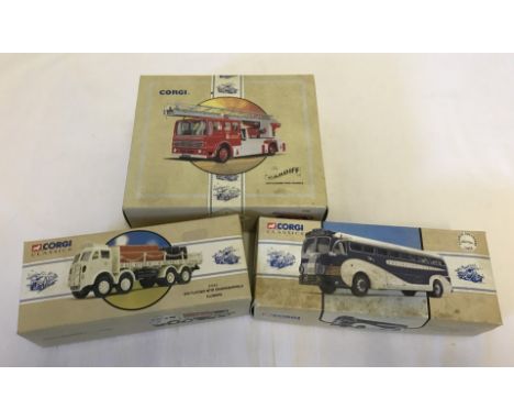 3 boxed Corgi classic vehicles. 98462 Yellow Coach, 743 Greyhound Lines, 97942 ERF Flatbed Flowers and 97385 The Cardiff AEC 