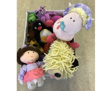 A box of assorted TV related soft toys. To include The Magic Roundabout, Rubbarb and Custard, Basil Brush and Mr. Men. 