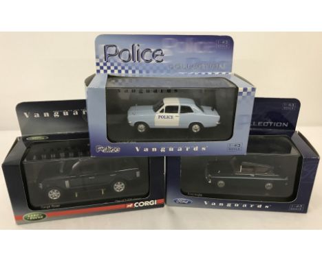 3 boxed to include limited edition Vanguards vehicles. 1/43 scale. Range Rover, Ford Anglia and Vauxhall Viva from the police