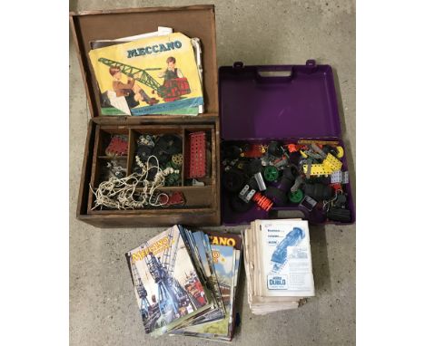 2 boxes of vintage Meccano together with a quantity of Meccano magazines.  
