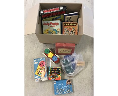 A box of assorted vintage toys and games. To include books, games, table tennis accessories and Permac boxed snooker balls. 